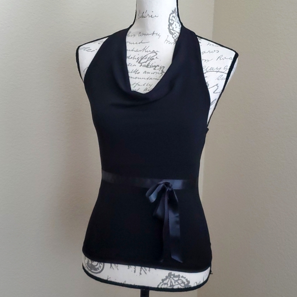 Draped cowl neck halter top. Black